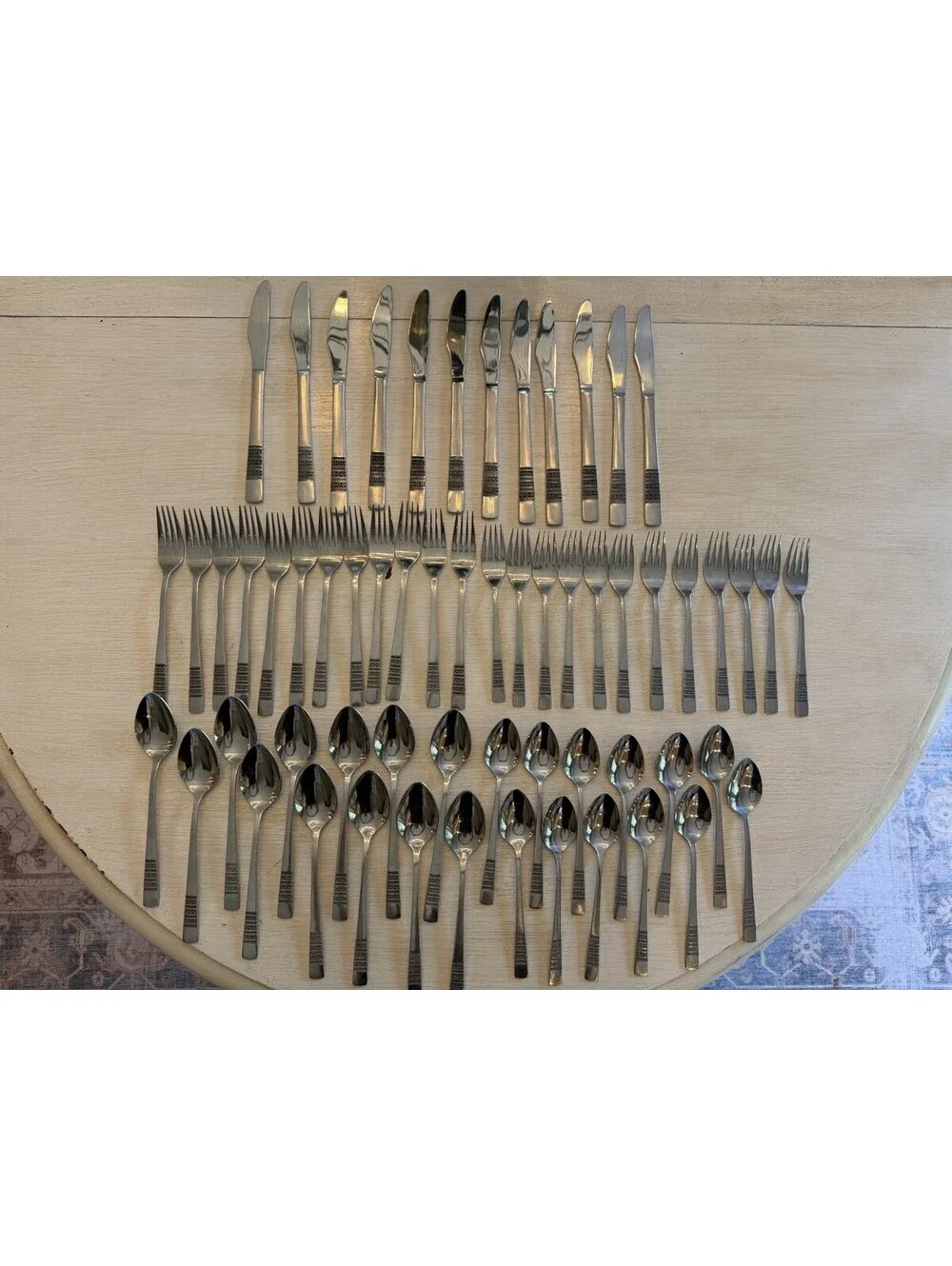 Vtg MCM Imperial International Stainless Steel Flatware Floral Band 60 Pcs Rare